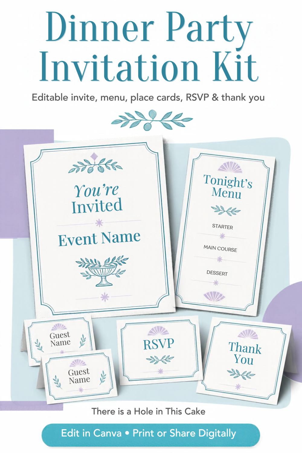 Dinner Party Invitation Kit | Editable Invite, Menu, Place Cards, RSVP & Thank You for Canva