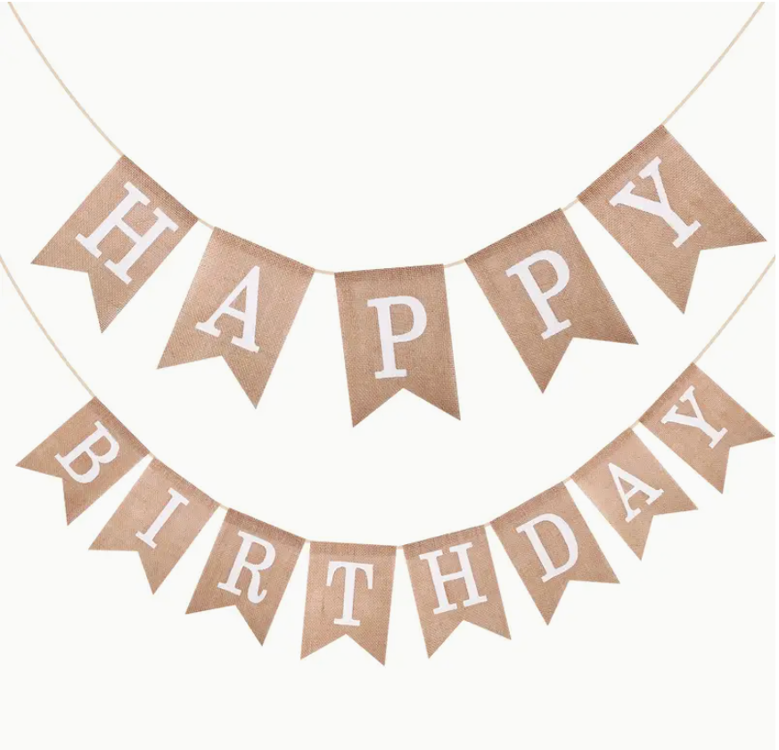 Jute Burlap “Happy Birthday” Banner – White Lettering