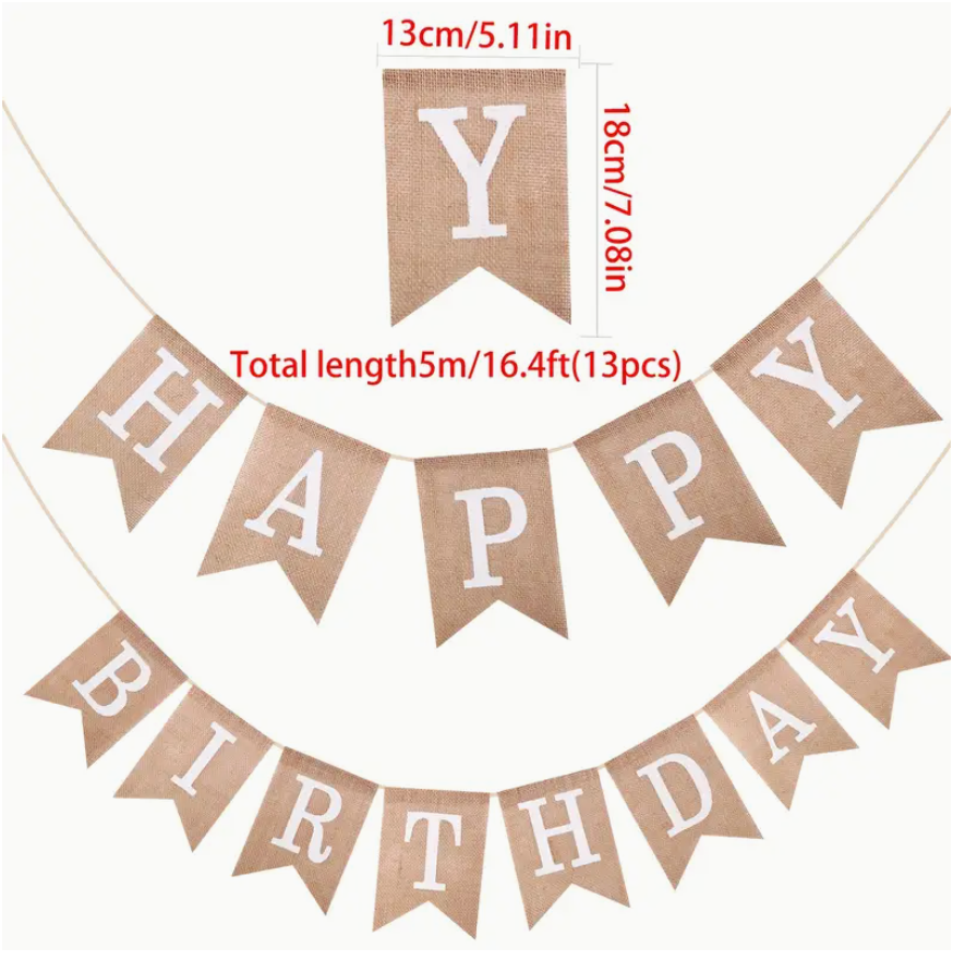 Jute Burlap “Happy Birthday” Banner – White Lettering